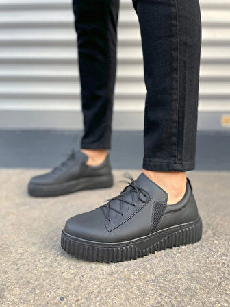 JY502 Bold Bağcıklı Cilt Erkek Günlük Sneaker Ayakkabı CST - Siyah