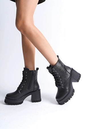 LAUREN Bağcıklı Fermuarlı Ortopedik Taban Topuklu Kadın Bot CST - Siyah