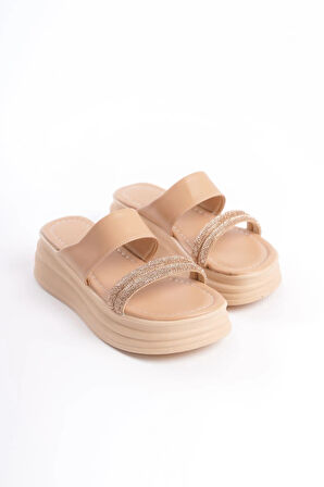 SARAH Düz Topuklu Taşlı Şeritli Kalın ve Ortopedik Taban Kadın Terlik CTT - Ten