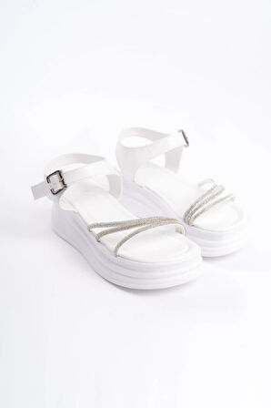 EVA Kalın Tokalı Taşlı Şeritli Ortopedik Taban Kadın Sandalet  CBT - Beyaz