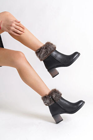 JULIA Fermuarlı Ortopedik Taban Tüylü Topuklu Kadın Bot CST - Siyah