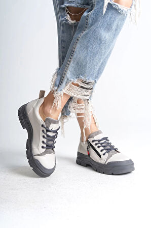 AGATHA Bağcıklı Fermuarlı Ortopedik Taban Kadın Sneaker Spor Ayakkabı CGT - Krem