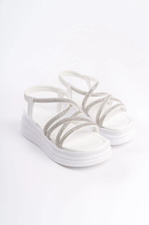 ELENA Lastikli Taşlı Şeritli Ortopedik Taban Kadın Sandalet  CBT - Beyaz