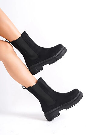 LORA Bağcıksız Lastikli Süet Ortopedik Taban Kadın Bot SST - Siyah