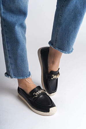 LILY Bağcıksız Ortopedik Rahat Taban Kalp Desenli Kadın Babet Ayakkabı  CKT - Siyah