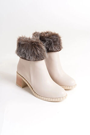JULIA Fermuarlı Ortopedik Taban Tüylü Topuklu Kadın Bot CKT - Krem