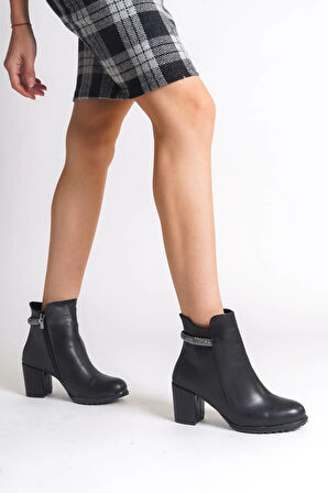 LIA Fermuarlı Ortopedik Taban Taşlı Topuklu Kadın Bot  CST - Siyah