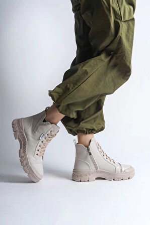 AMBER Bağcıklı Fermuarlı Ortopedik Taban Kadın Bot  CKT - Krem