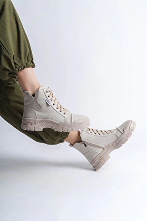 AMBER Bağcıklı Fermuarlı Ortopedik Taban Kadın Bot  CKT - Krem