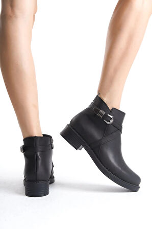 ALMILA Fermuarlı Lastikli Ortopedik Taban Topuklu Kadın Bot CST - Siyah