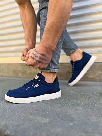 JY0118 REX Bağcıklı Keten Kumaş Erkek Günlük Sneaker Ayakkabı KBT - Lacivert