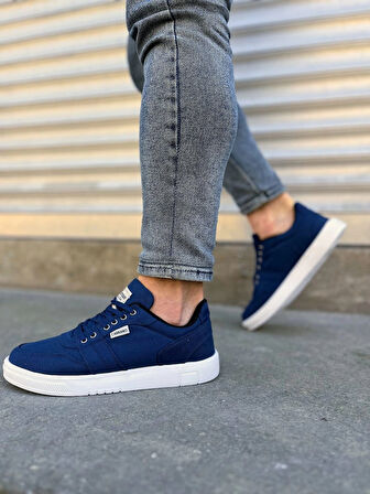 JY0118 REX Bağcıklı Keten Kumaş Erkek Günlük Sneaker Ayakkabı KBT - Lacivert