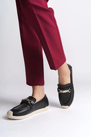 LILY Bağcıksız Ortopedik Rahat Taban Çiçek Desenli Kadın Babet Ayakkabı  CKT - Siyah