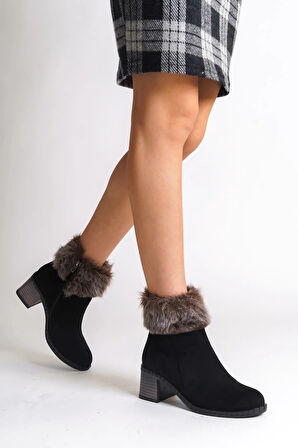 JULIA Fermuarlı Ortopedik Taban Tüylü Topuklu Süet Kadın Bot  SST - Siyah