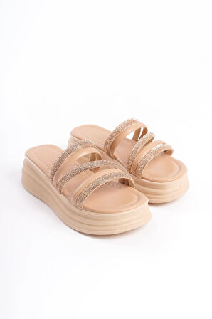 ELISE Düz Topuklu Şeritli Taşlı Kalın ve Ortopedik Taban Kadın Terlik  CTT - Ten