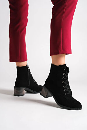 DIANA Bağcıklı Fermuarlı Ortopedik Taban Topuklu Süet Kadın Bot  SST - Siyah