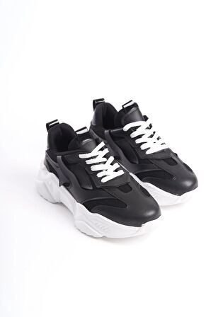 TOKYO Bağcıklı Ortopedik Taban Triko Detaylı Kadın Spor Ayakkabı  TBT - Siyah