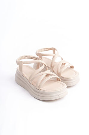 BELLA Lastikli Şerit Detaylı Ortopedik Taban Kadın Sandalet CKT - Krem