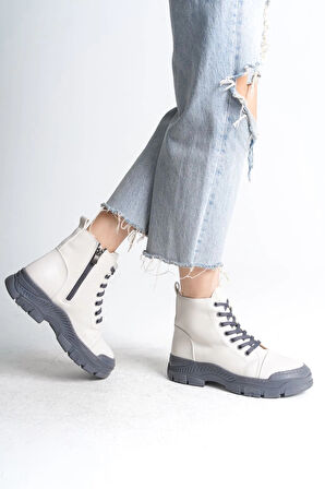 BLOOM Bağcıklı Fermuarlı Ortopedik Taban Kadın Bot  CGT - Krem