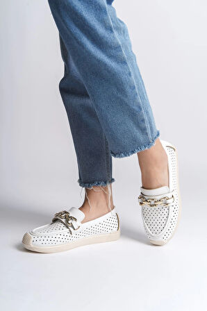 LAYLA Bağcıksız Ortopedik Rahat Taban Kalp Desenli Kadın Babet Ayakkabı  CKT - Beyaz