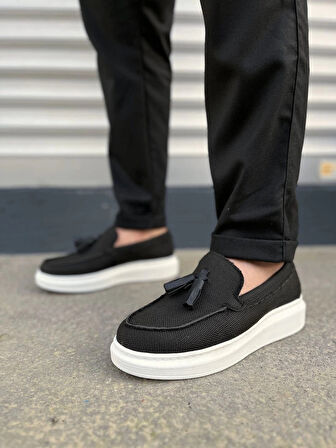 JY154 Blaze Bağcıksız Püsküllü Keten Erkek Günlük Spor Klasik Ayakkabı KBT - Siyah