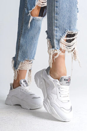 TOKYO Bağcıklı Ortopedik Taban Triko Detaylı Kadın Spor Ayakkabı  TBT - Beyaz/Gri