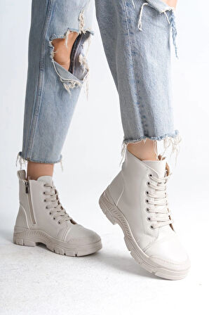BLOOM Bağcıklı Fermuarlı Ortopedik Taban Kadın Bot  CKT - Krem
