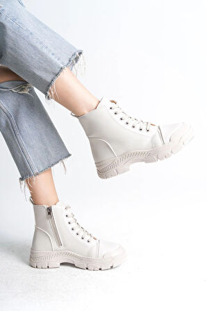 BLOOM Bağcıklı Fermuarlı Ortopedik Taban Kadın Bot  CKT - Krem