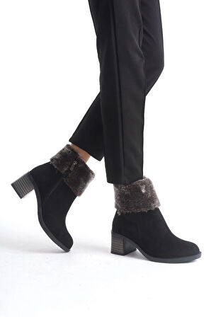 KATYA Fermuarlı Ortopedik Taban Topuklu Kürk Detaylı Süet Kadın Bot  SST - Siyah