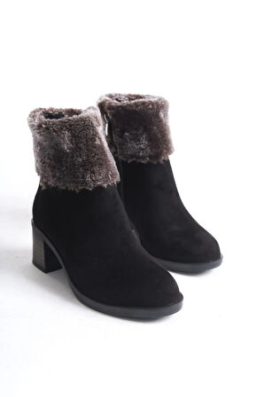 KATYA Fermuarlı Ortopedik Taban Topuklu Kürk Detaylı Süet Kadın Bot  SST - Siyah