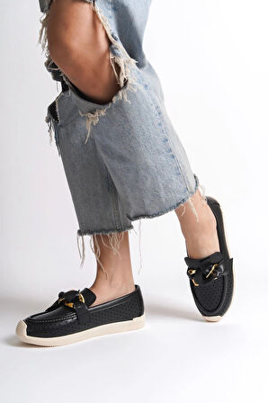 LYDIA Bağcıksız Ortopedik Rahat Taban Kalp Desenli Kadın Babet Ayakkabı  CKT - Siyah