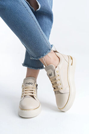DINA Bağcıklı Fermuarlı Ortopedik Taban Kadın Sneaker Spor Ayakkabı  CKT - Krem/Altın