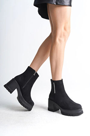 LISSE Fermuarlı Ortopedik Taban Kalın Topuklu Süet Kadın Bot SST - Siyah