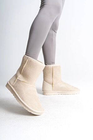 SELINA Bağcıksız Düz Taban İçi Kürklü Süet Kadın Bot  SKT - Krem