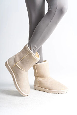 SELINA Bağcıksız Düz Taban İçi Kürklü Süet Kadın Bot  SKT - Krem