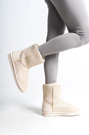 SELINA Bağcıksız Düz Taban İçi Kürklü Süet Kadın Bot  SKT - Krem