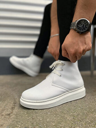 JY207 Oslo Bağcıklı Ortopedik Taban Cilt Erkek Spor Bot CBT - Beyaz