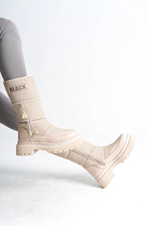 LUCY Lastikli Fermuarlı  Paraşüt Kumaş Rugan Kadın Bot  CKT - Krem