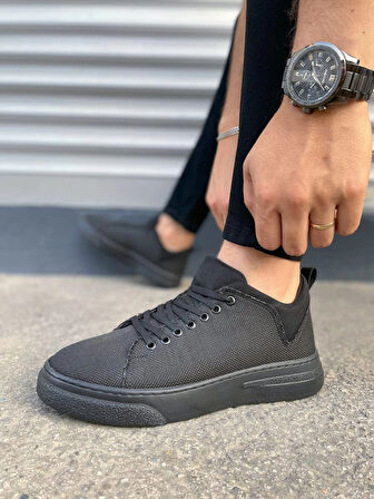 JY204 Flex Bağcıklı Keten Kumaş Erkek Günlük Sneaker Ayakkabı KST - Siyah