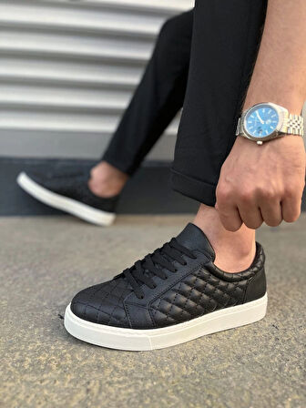 JY166 Prestige Bağcıklı Cilt Kapitone Desenli Erkek Günlük Sneaker Ayakkabı CBT - Siyah