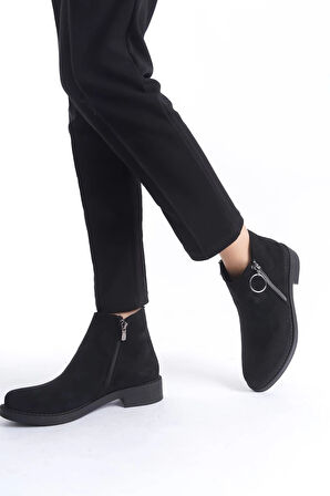 MARGARET Fermuarlı Ortopedik Taban Topuklu Süet Kadın Bot SST - Siyah