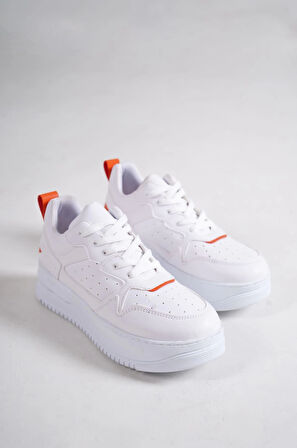 ALESSI Bağcıklı Ortopedik Taban Kadın Sneaker Spor Ayakkabı CBT - Beyaz/Turuncu