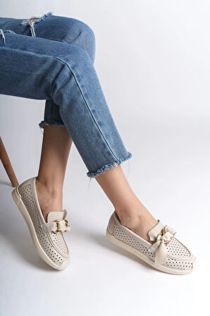 LYDIA Bağcıksız Ortopedik Rahat Taban Kalp Desenli Kadın Babet Ayakkabı  CKT - Krem