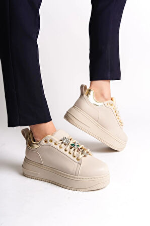 BRIANNA Bağcıklı Ortopedik Taban Renkli Taş Dekorlu Kadın Sneaker Spor Ayakkabı  CKT - Krem/Altın
