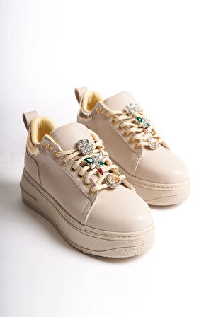 BRIANNA Bağcıklı Ortopedik Taban Renkli Taş Dekorlu Kadın Sneaker Spor Ayakkabı  CKT - Krem/Altın