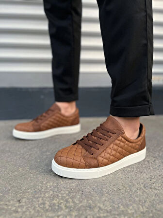 JY166 Prestige Bağcıklı Cilt Kapitone Desenli Erkek Günlük Sneaker Ayakkabı CBT - Taba
