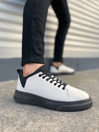 JY204 Flex Bağcıklı Keten Kumaş Erkek Günlük Sneaker Ayakkabı KST - Beyaz/Siyah