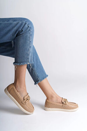 LILY Bağcıksız Ortopedik Rahat Taban Kalp Desenli Kadın Babet Ayakkabı CKT - Ten