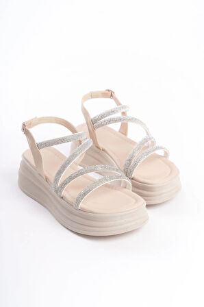 RILEY İnce Tokalı Taşlı Şeritli Ortopedik Taban Kadın Sandalet  CKT - Krem