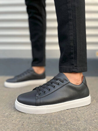 JY122 Mode Bağcıklı Cilt Erkek Günlük Sneaker Ayakkabı CBT - Siyah